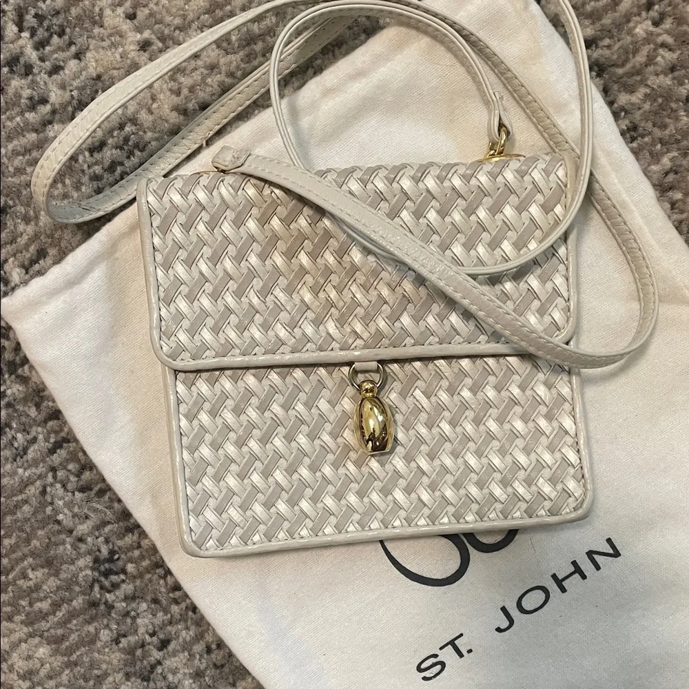 Genuine Leather Beige Silver Cream Woven Crossbody Bag with Gold Accent